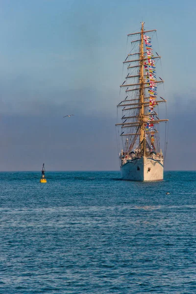 Żaglowiec szkolenia wchodzi port o zachodzie słońca. — Zdjęcie stockowe