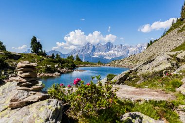 Lake Spiegelsee Mittersee ve dağ Dachstein Styria