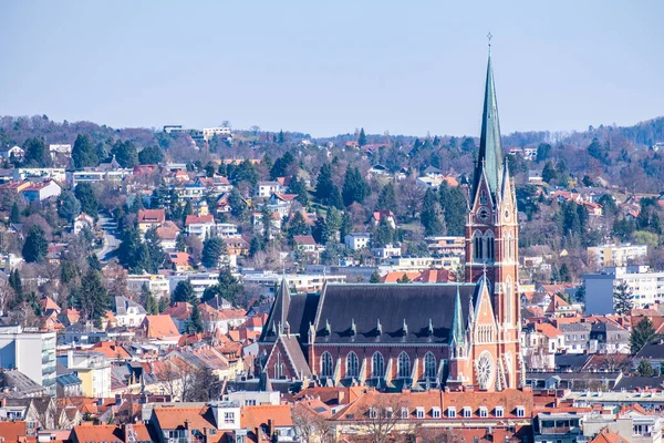 View Hill Schlossberg Graz Styira Church Herz Jesu Old Town — Stock Photo, Image