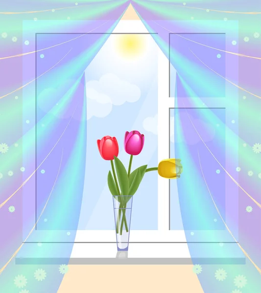 Le jour du printemps. Bouquet de tulipes dans un vase sur le rebord de la fenêtre . — Image vectorielle