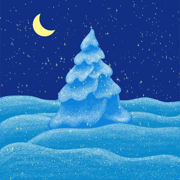 Сказочная Снежная Зимняя Ночь Рождественская Елка Снегу Векторная Иллюстрация Стоковый вектор