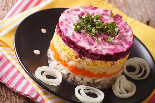 Русская еда: салат из сельди с овощами крупным планом. Хо — стоковое фото