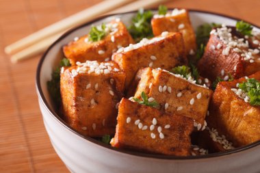 bir kase yakın çekim susam ile çıtır kızarmış tofu. Yatay