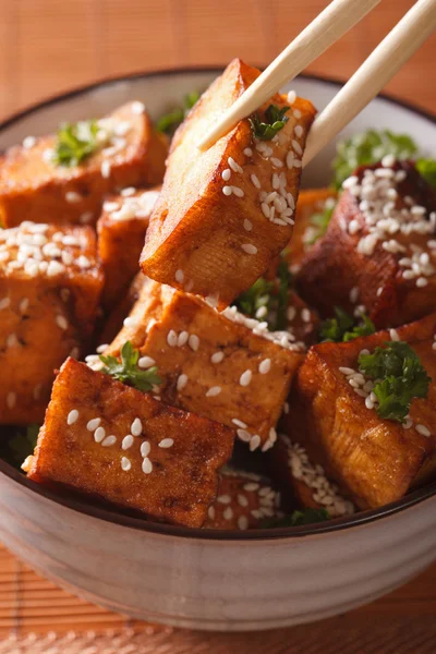 Tofu traditionnel frit au sésame dans un bol macro. vertical — Photo