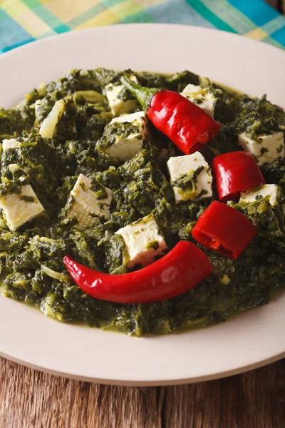 인도 요리: Palak paneer 클로즈업. 수직 — 스톡 사진