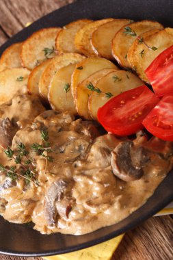 Diana biftek ile kızarmış patates yakın çekim süslenmiş. dikey