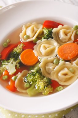 Tortellini yakın çekim sebze çorbası. dikey