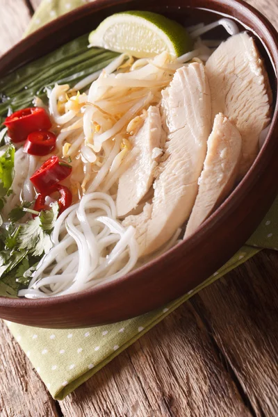 Vietnamese soup Pho Ga with chicken and rice noodles close-up. v — Stock fotografie