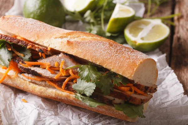 Vietnamees sandwich met koriander en wortel close-up. Horizonta — Stockfoto