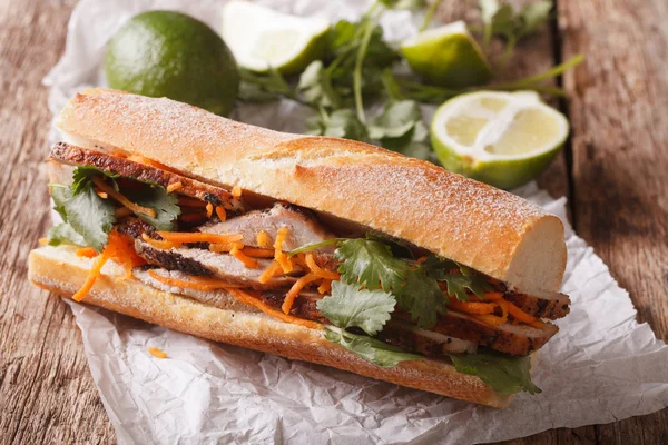 Carne di maiale vietnamita Banh Mi Sandwich con Cilantro e carota chiudere - — Foto Stock