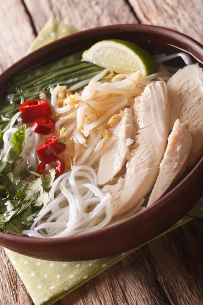 Sopa vietnamita Pho Ga com macarrão de frango e arroz, feijão sprou — Fotografia de Stock