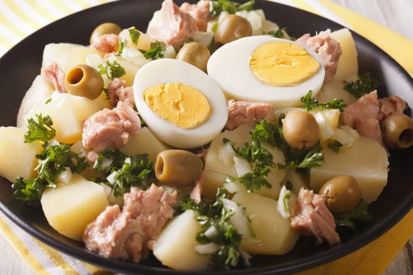 Spanischer Salat Patatas alinadas aus gekochten Kartoffeln mit Thunfisch, Ei — Stockfoto