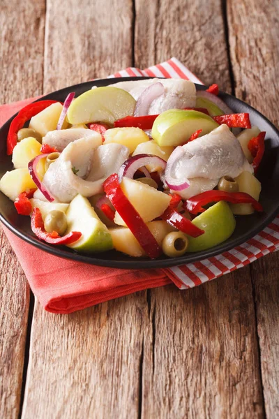 Salada de arenque com batata, maçã verde, cebola vermelha, pimentão — Fotografia de Stock