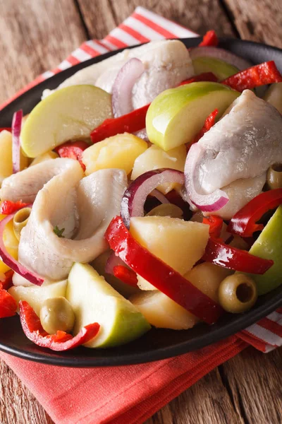 Ensalada de arenque con patatas, manzana verde, cebolla, pimienta y — Foto de Stock