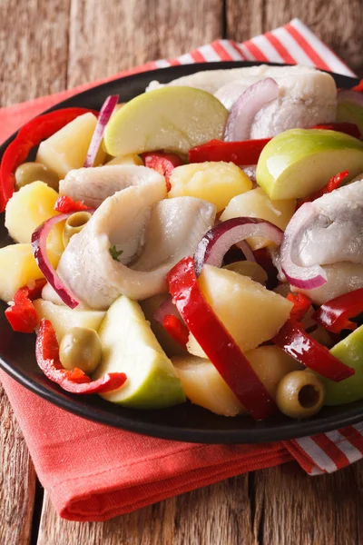Insalata di aringhe con patate, mela verde, cipolla, pepe e olive — Foto Stock