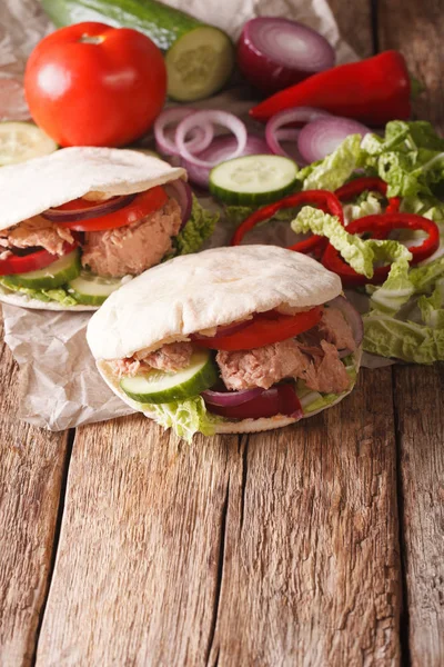 Healthy sandwich: pita with tuna, cucumber, nappa cabbage, onion — Stock Photo, Image