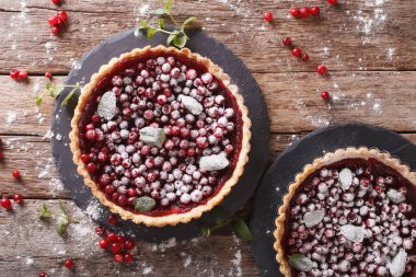 reçel, pudra şekeri ve nane yakın çekim ile kızılcık tart. Yatay