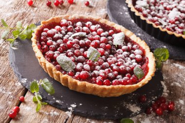 reçel, pudra şekeri ve nane yakın çekim ile kızılcık tart. Yatay