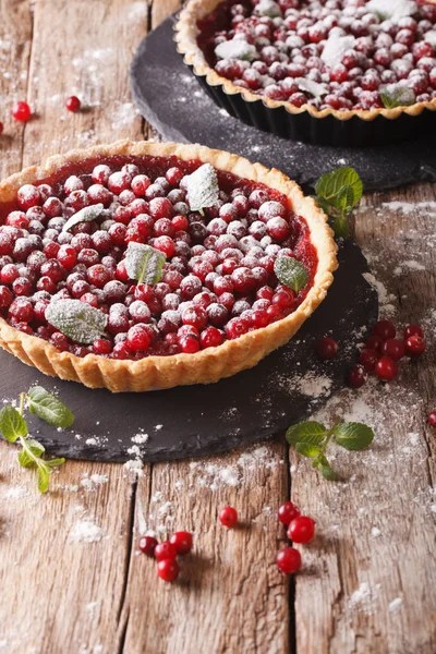 Cranberry tart with jam, powdered sugar and mint close-up. verti — Stock Photo, Image