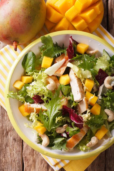 Salad with grilled chicken, mango, arugula, lettuce, spinach and — Stock Photo, Image