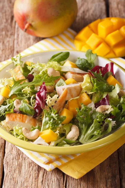 Ensalada con pechuga de pollo a la parrilla, mango, rúcula, lechuga, espín — Foto de Stock