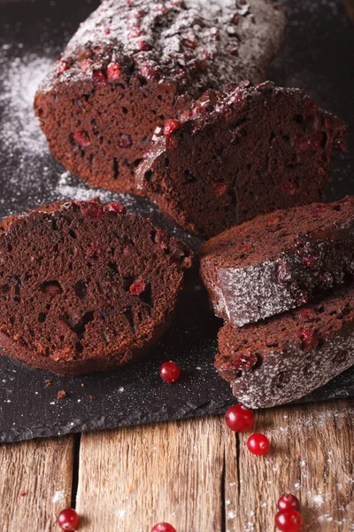与小红莓和巧克力特写的自制蛋糕。垂直 — 图库照片
