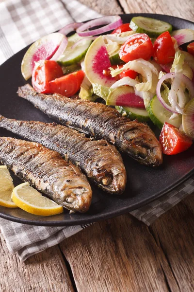 Grilled sardines with a salad of cucumber, radish, tomato, onion — Stock Photo, Image