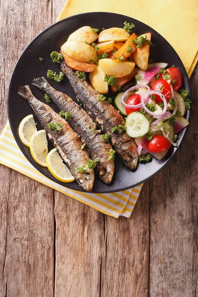 Gegrillte Sardinen mit Bratkartoffeln und frischem Gemüsesalat — Stockfoto