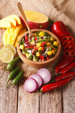 Mango, kişniş, soğan ve biber ile Meksika salsa kapatın