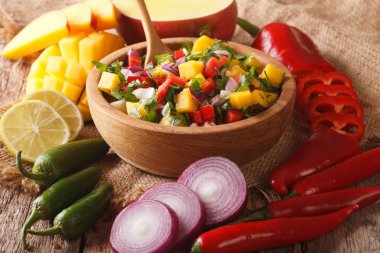 Mango, kişniş, soğan ve biber salsa yakın up ve INGR