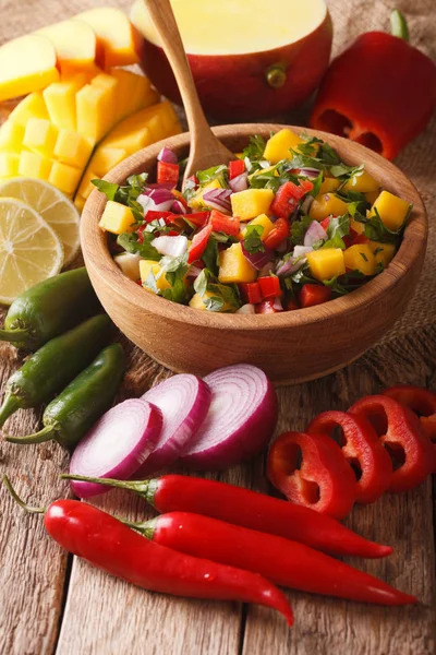 Salsa con mango, cilantro, cebolla y pimientos cerca e ingr — Foto de Stock