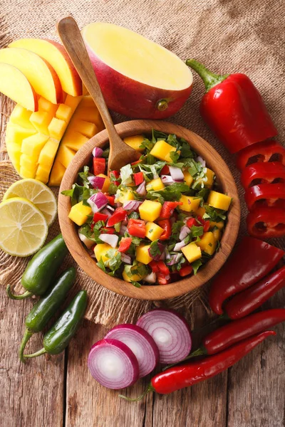 Salsa with mango, cilantro, onions and peppers close up and ingr — Stock Photo, Image
