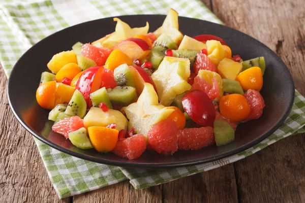 Salad of ripe tropical fruits close-up on a plate. horizontal — Stock Photo, Image