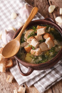 bir kasede kruton yakın çekim ile sarımsak çorbası. Dikey