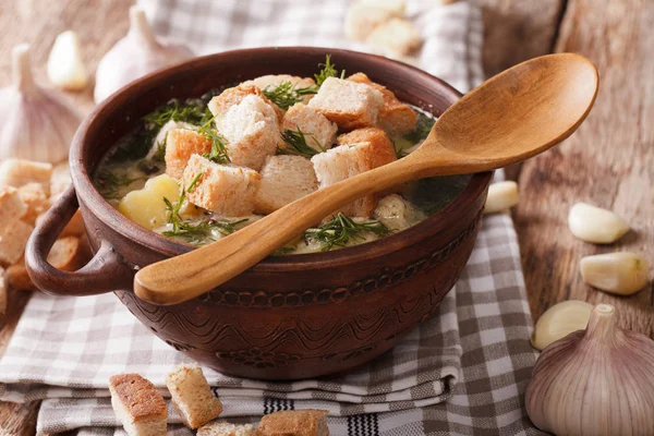 Sup bawang putih dengan croutons close-up dalam mangkuk. horisontal — Stok Foto
