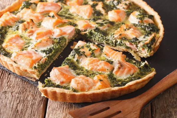 Fatiado Quiche salgado com salmão e espinafre, close-up. Horizont — Fotografia de Stock