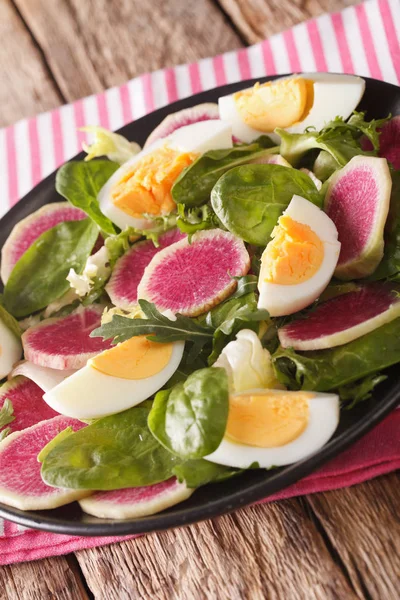 Salade van watermeloen radijs, eieren, spinazie en sla mix clos — Stockfoto