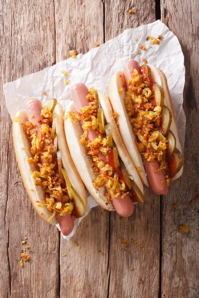 Street food danese: primi piani degli hot dog. Vista verticale dall'alto — Foto Stock