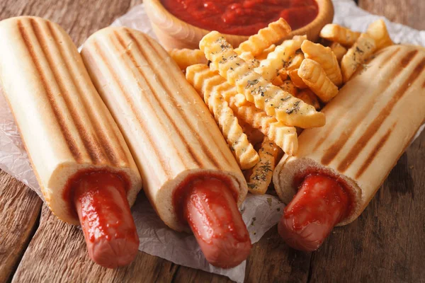 French Hot Dogs Rolls, with French fries and tomato sauce macro. — Stock Photo, Image