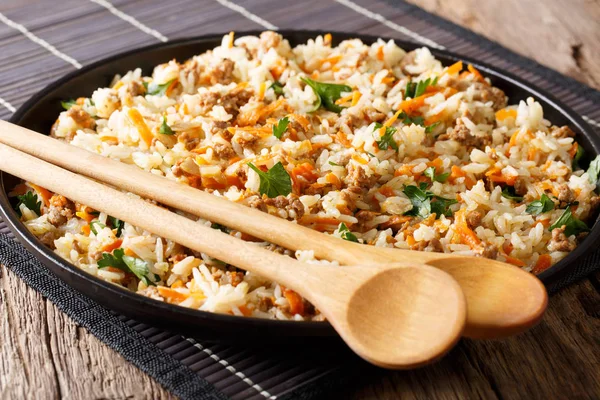 Тайский рис с мясом и морковью крупным планом на тарелке. Хори — стоковое фото