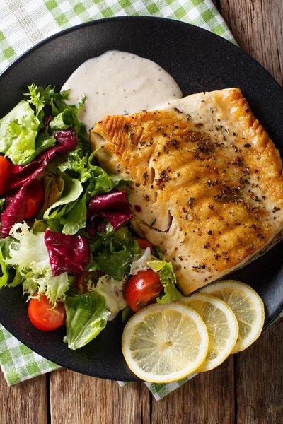 Filete de carbón a la parrilla con ensalada mixta y salsa en un plato cerrar - —  Fotos de Stock