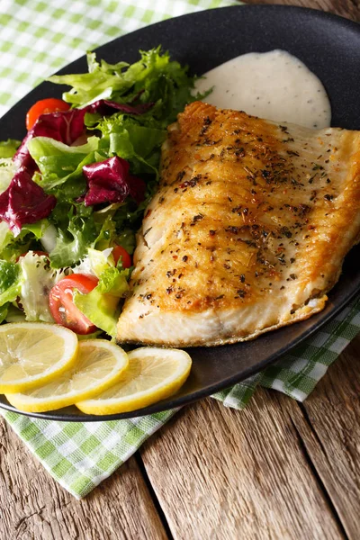 Filete frito de pescado carbón ártico con ensalada fresca y salsa clos —  Fotos de Stock