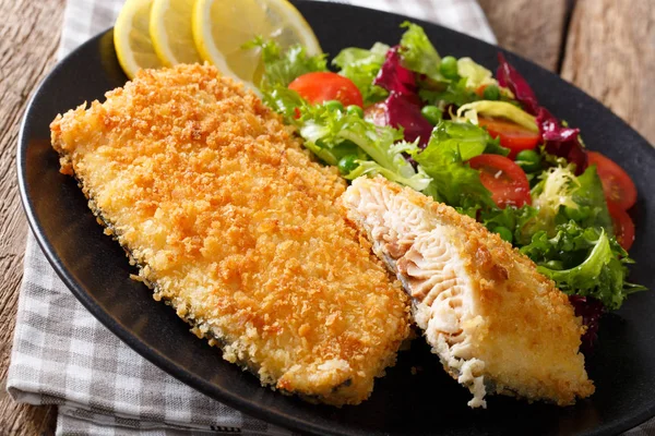 Ψάρι Φιλέτο πανέ τηγανιτό σε αρτοποιίας και φρέσκια σαλάτα λαχανικών, γκρο πλαν — Φωτογραφία Αρχείου