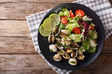 Kireç ve Yeşiller ve karışımı salata yakın çekim ile taze istiridye. ufuk