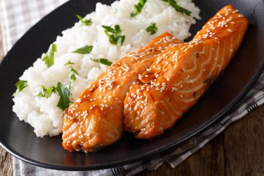 Soya-bal camlı somon ve camolino yakın çekim pirinç. Yatay