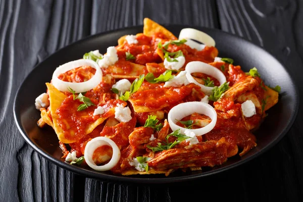 Chilaquiles caseros con salsa de pollo y tomate en primer plano. Hori. — Foto de Stock