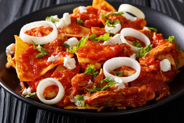 Deliciosa comida mexicana: nachos con salsa de tomate, pollo y ch —  Fotos de Stock