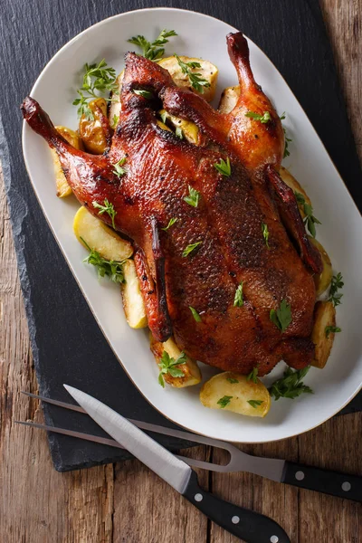 Delicious whole baked duck with apples close-up on a platter. Ve — Stock Photo, Image