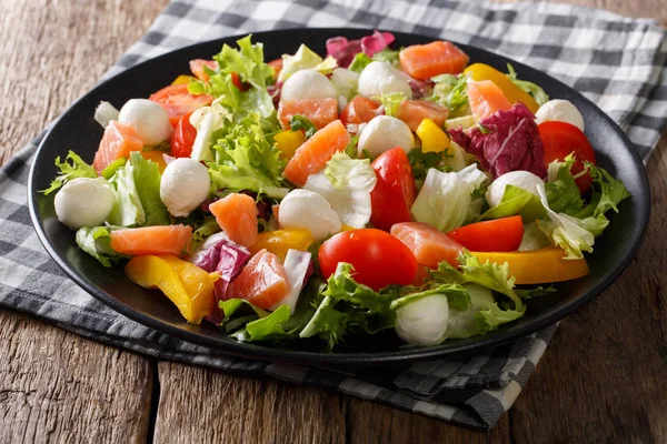 Spicy salad with salmon, mozzarella and fresh vegetables close-u — Stock Photo, Image