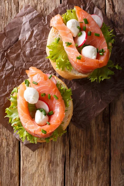 Sandwiches with salted salmon, mozzarella, frisee, onion and rad — Stock Photo, Image